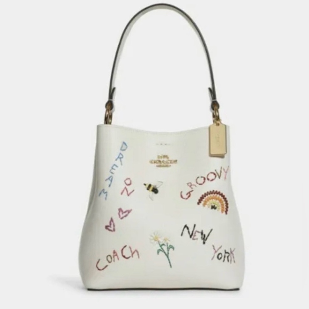 Coach Chalk Multi Diary Embroidery Small Town Leather Bucket Bag $450